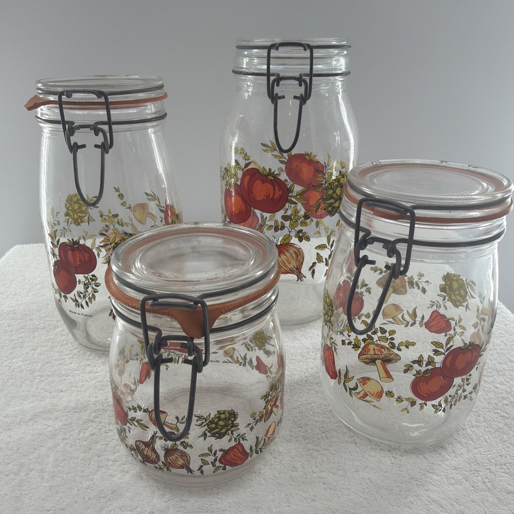 ARC France Vintage Spice Of Life Mushroom Veg Glass Canister Jar Set Of 4 1970s